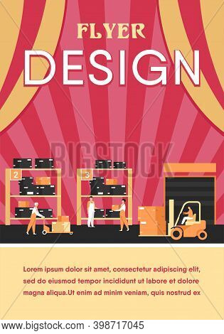 Logistic Workers Carrying Boxes With Loaders In Warehouse. Couriers Wheeling Carts With Cargo, Ridin