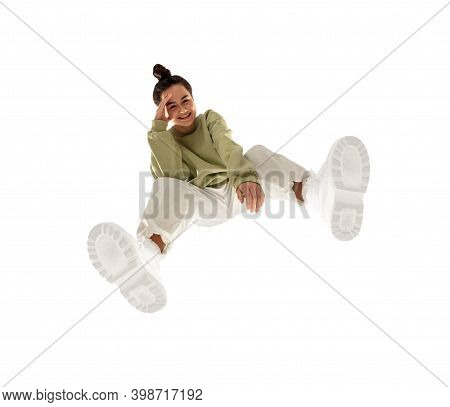 Handsome. Young Stylish Woman In Modern Street Style Outfit Isolated On White Background, Shot From 