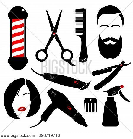 Set Of Barber Tools.
Various Stylized Hairdresser Tools Isolated On White Background. Barber Pole Si