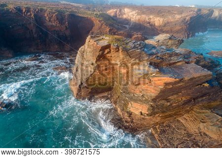 Rocky Sea Coast At Sunrise. Beach Playa De Las Catedrales In Ribadeo, Spain, Europe. Aerial View