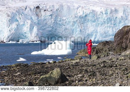 Icebergs Landscape. Extreme Travelling, Antarctica Ice Landscape With People
