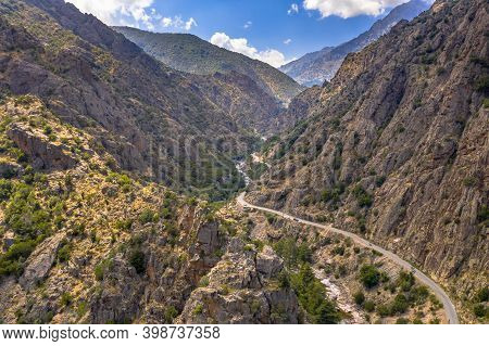 Aerial View Of Asco River Gorge In Haute Corse On Corsica Island, France