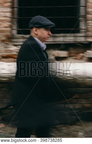 Defocus Portrait Of A Man In Retro Style. Peaky Blinders. Vintage