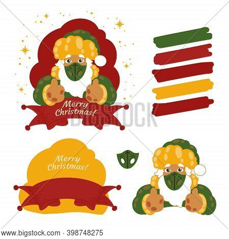 Isolated Elements Of Christmas Colorind Character Of Santa Claus In A Medical Mask With A Beard, Hat