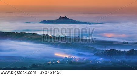 Amazing Night View Of Trosky In Inversion From Kozakov Hill