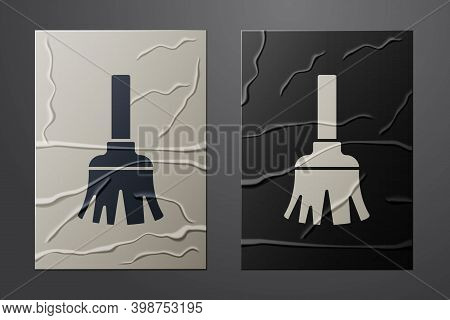 White Feather Broom For Cleaning Icon Isolated On Crumpled Paper Background. Feather Duster. Paper A