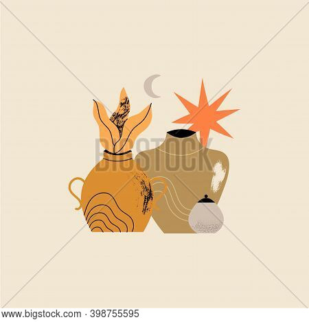 Ancient Antique Greek Style Pottery Or Amphora With Floral And Abstract Shapes Elements Isolated For