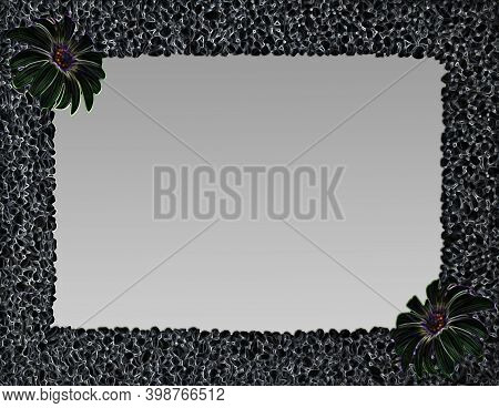 Absrtract Black Styled Monochrome Frame Made Of Stones, Dark Smooth Pebbles, Piles Of Rocks With Ton