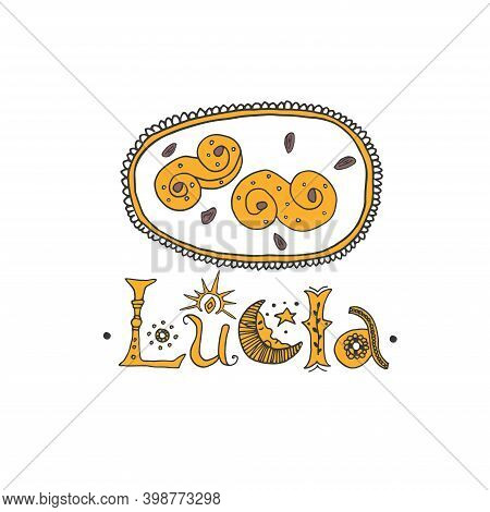 St Lucia Sweden Saffron Buns. Scandinavian Christmas Tradition. Lucia Bread With Raisins In Decorati