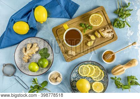 Ginger, Honey, Lemon And Lime Herbal Tea Preparation With High Levels Of Vitamin C, Boosting The Imm