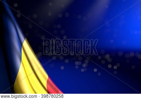 Beautiful Photo Of Romania Flag Hangs Diagonal On Blue With Soft Focus And Empty Place For Your Text