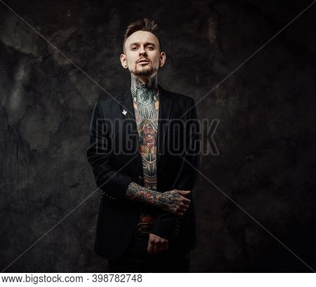 Dressed In Black Luxurious Jacket Serious And Tattooed Hipster Person With Modern Haircut And Short 