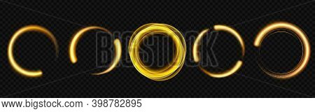 Gold Light Circles With Sparkles, Magic Glow Effect. Vector Realistic Set Of Golden Shiny Rings And 