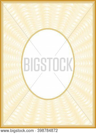 Beige Passe-partout With Oval Frame. Border Design With Golden Sun Beams. Creative Line Art Pattern.
