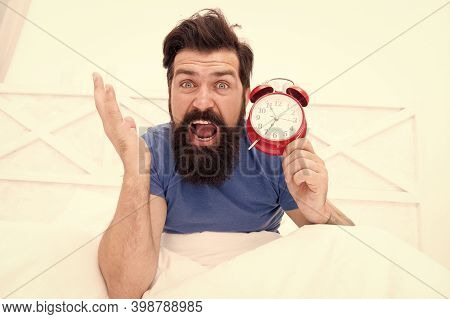 Hate Early Morning Awakening. Daily Stress. Totally Overslept. Get Up Right Now. Stressed Man Alarm 