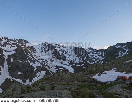 Evening Sunset Summer View Of Bremer Hutte, Terrace With Snow-capped Moutain Peaks, Stubai Alps, Tyr