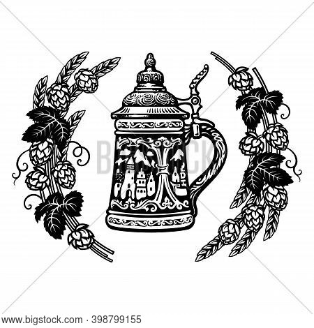 German Stein Beer Mug In Frame Of Hop Branches With Cones And Leaves, Wheat Barley Ears. Hand Drawn 