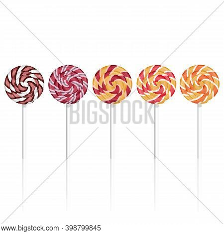 Set Of Colorful Lollipops. Sweet Candy Lollipops On Background. Round Candy. Vector Illustration.