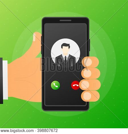 Hand Holds Phone With Call Incoming Video Call On Screen On Green Background. Vector Illustration.