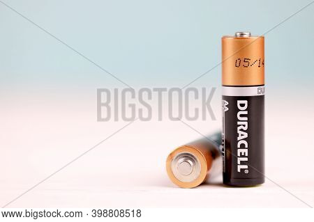 Duracell Batteries On White Background. Duracell Is An American Brand Of Batteries And Smart Power S