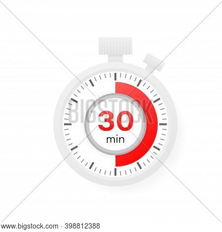 The 30 Minutes Timer. Stopwatch Icon In Flat Style.