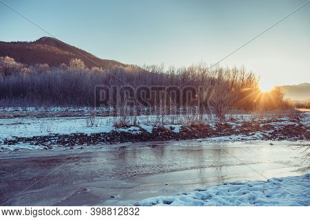 Beautiful Sunny Winter Landscape At Caucasus Mountains
