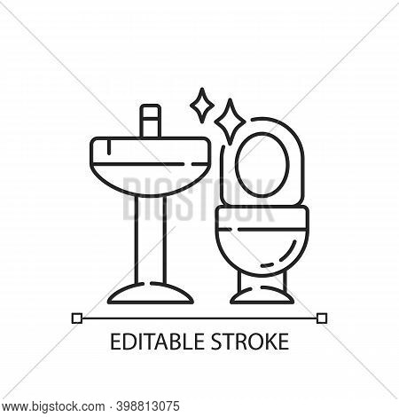 Cleaning Bathroom Linear Icon. Housekeeping Thin Line Customizable Illustration. Contour Symbol. Pro