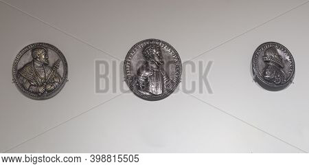Barcelona, Spain - Dec 26th 2019: Medals Depicting Charles V, Philip Ii, And Philip Iii. 16th Centur