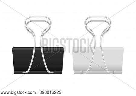 Set Of Multicolored Binder Clips On A Piece Of Paper On A Transparent Background. Clerical Clothespi