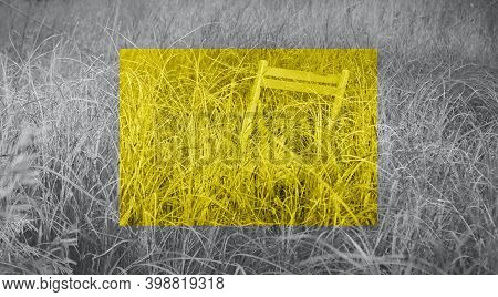 Trendy Concept Colors Of Year 2021 Illuminating And Ultimate Gray, One Empty Chair In Tall Meadow Gr