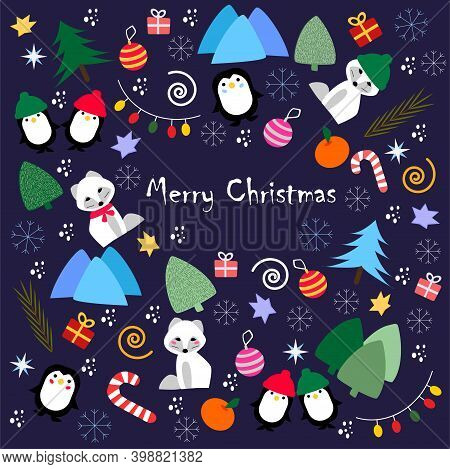 Vector Illustration Postcard Design Merry Christmas With Cartoon Animals Penguin And Fox, Christmas 