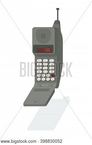 Vector Illustration Of A Retro 90s Cellphone With Antenna. Vintage Mobile Phone With Keys Isolated O