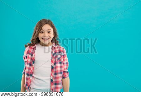 Sincere Excitement. Kid Girl Long Healthy Shiny Hair Wear Casual Clothes. Exciting Moments. Little G