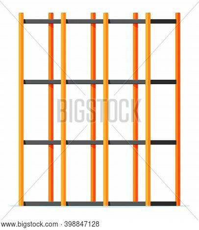 Metal Yellow Standing Rack. Empty Metallic Storage Shelves Isolated On White. Warehouse Equipment An