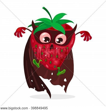Mellow Superhero Summer Fruit With Green Tail In Coat And Eye Bandage. Vector Fresh Mellow Fruit, He