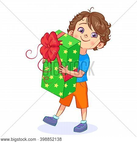 Funny Cartoon Boy With A Big Gift Box In His Hands. Vector Image.