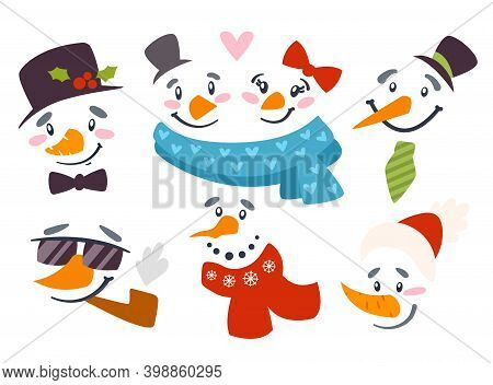 Christmas Snowman Face Clipart - Cute Boys And Girls Faces With Hat, Scarf, Smoke Pipe, Tie, And Gla