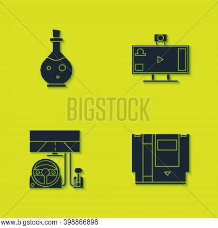 Set Bottle With Magic Elixir, Cartridge, Racing Simulator Cockpit And Live Streaming Online Icon. Ve
