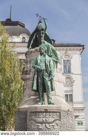 Ljubljana, Slovenia, October 2020: Monument To The Greatest Poet In Slovenian History, Frans Presere