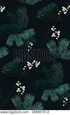 Merry Christmas Pine Tree Evergreen Branches, Nature Freame, Wreath Decoration. Modern Graphic, Mist