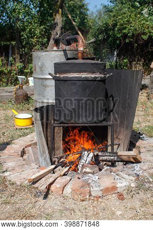 Details With A Homemade Alcohol Metal Still Made To Distill Romanian Traditional Moonshine Tuica Or 