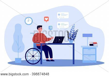 Disabled Guy In Wheelchair Chatting Online. Man At Laptop, Dialog Bubble, Like Flat Vector Illustrat