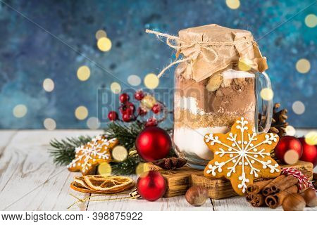 Cookies In The Jar. Ingredients For Christmas Baking. Idea For Christmas Present.