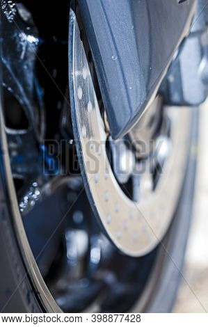 Closeup Of Modern Motorcycle Front Brake System.