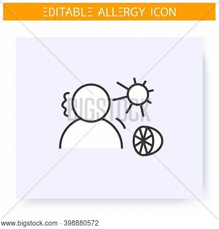 Summer Allergy Line Icon. Seasonal Fruits And Sun Radiation Allergy. Anaphylaxis, Dermatitis. Reacti