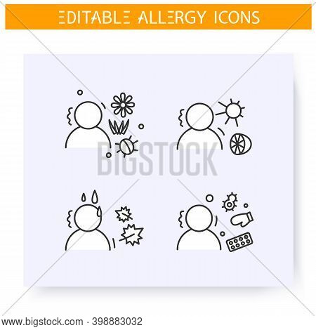 Seasonal Allergies Line Icons Set. Symptoms And Causes. Spring, Summer, Winter And Fall Allergy. Imm