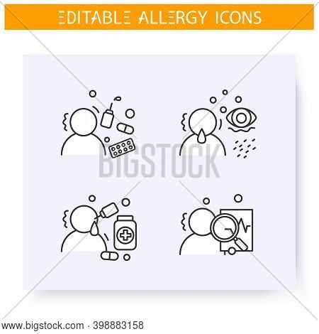 Allergy Treatment Line Icons Set. Mediactions, Symptoms Diagnostics. Medical Aid And Health Care. Im