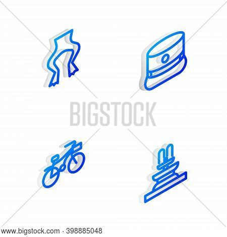 Set Isometric Line Kepi, Frog Legs, Bicycle And Fountain Icon. Vector
