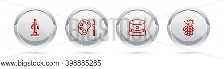 Set Line Street Light, Paint Brush With Palette, Kepi And Grape Fruit. Silver Circle Button. Vector