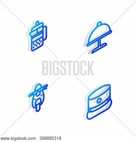 Set Isometric Line Covered With Tray, French Press, Scooter And Kepi Icon. Vector